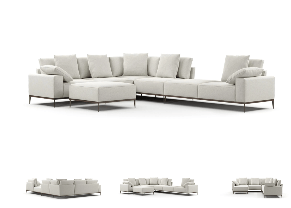 Modern modular sectional sofa in light beige fabric, featuring a minimalist design with slim metal legs and clean lines. Includes multiple back cushions and a matching ottoman for flexible configurations in contemporary living spaces.