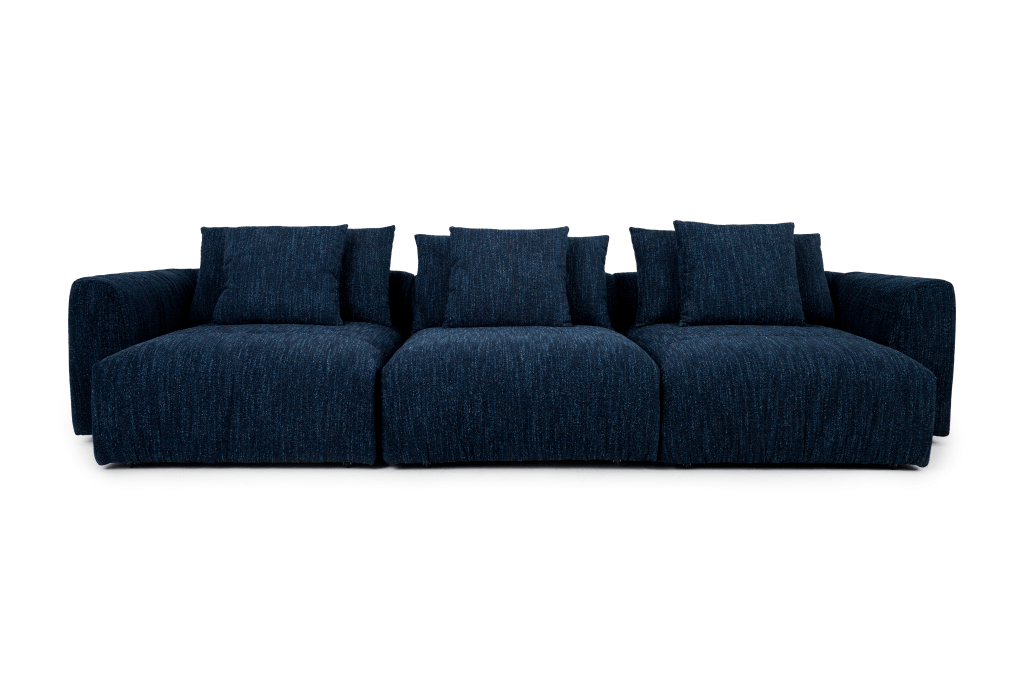 Modular navy blue sofa with matching cushions, featuring a soft, inviting texture. Expertly crafted in Brazil for maximum comfort and flexibility.