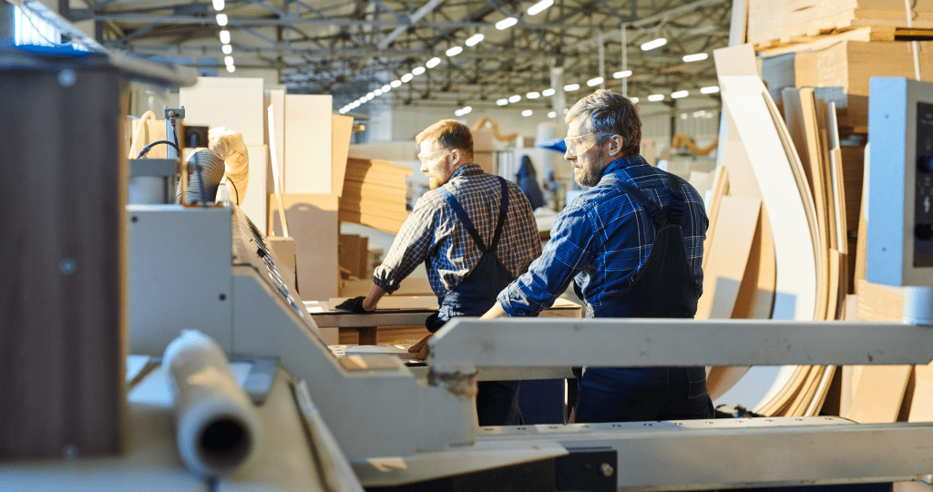 Brazilian furniture factory workers operating woodworking machinery in a certified manufacturing plant.