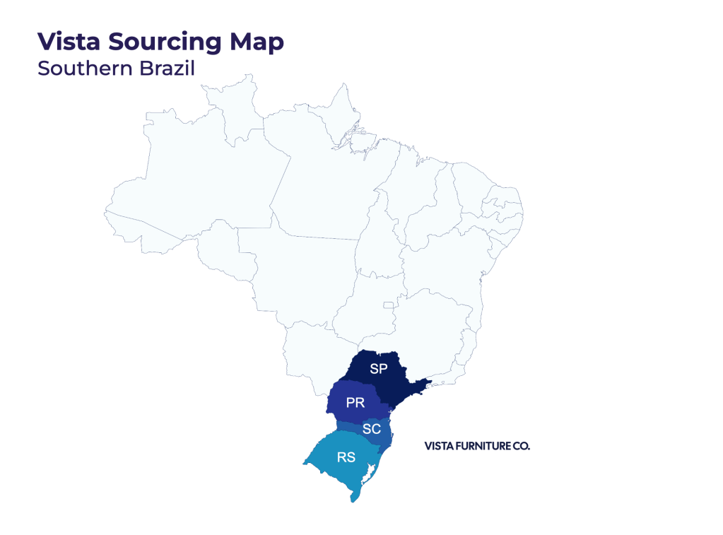Map showing Southern Brazil furniture manufacturing regions including Rio Grande do Sul (RS), Santa Catarina (SC), Paraná (PR) and São Paulo (SP), major furniture sourcing and manufacturing hubs for global furniture buyers sourcing furniture from Brazil.