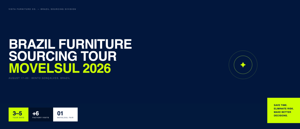 Vista Furniture Co. official horizontal presentation slide detailing the Brazil Furniture Sourcing Tour during Movelsul 2026 in Bento Gonçalves.