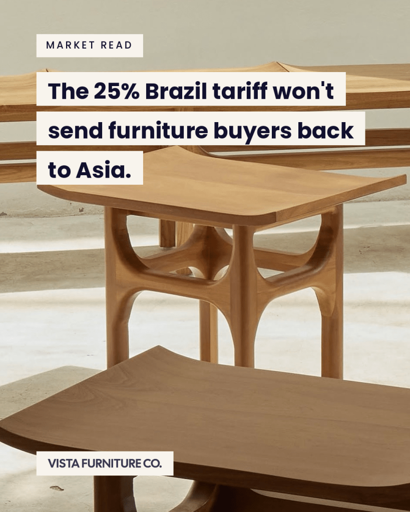 Solid Tauari wood tables made in Santa Catarina, Brazil, under a headline on the 25% US furniture tariff.